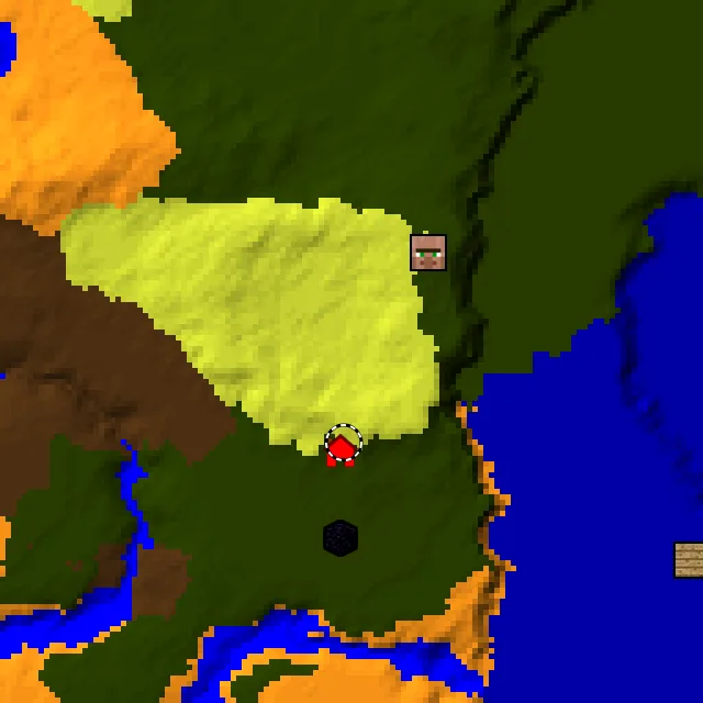 Overworld biome map of seed 871578676041918 around spawn at Y 0, with the village and sulfur caves marked