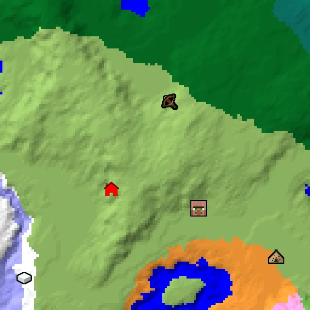 Overworld biome map of seed 168486502954112 around spawn, with the village and outpost marked