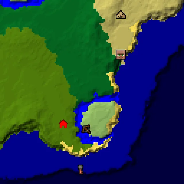Overworld biome map of seed 238277855897535 around spawn, with the village and outpost marked