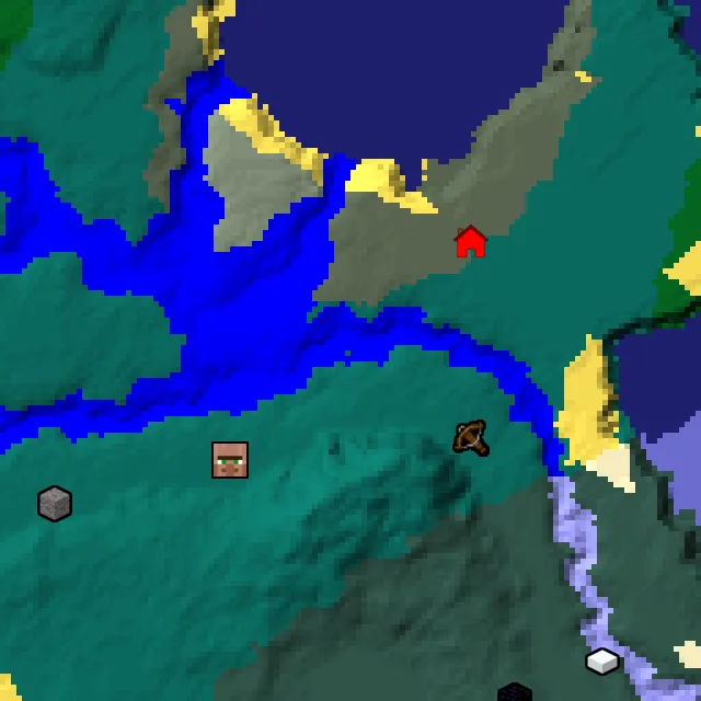 Overworld biome map of seed 272987006062197 around spawn, with the village and outpost marked