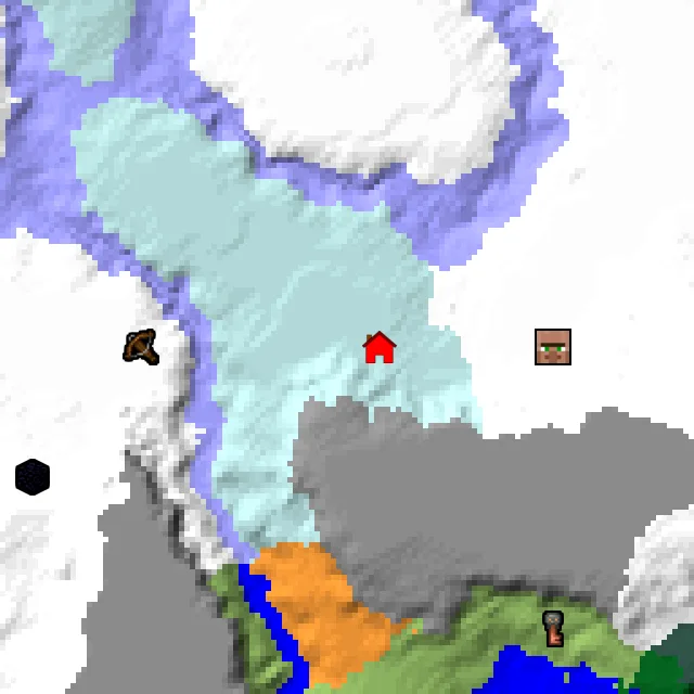Overworld biome map of seed 3086673498097895 around spawn, with the village and outpost marked