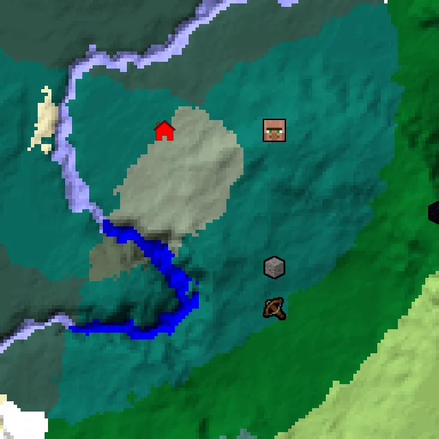 Overworld biome map of seed 310216982155757 around spawn, with the village and outpost marked