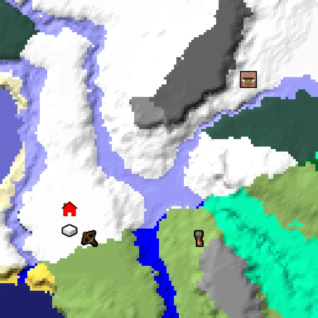 Overworld biome map of seed 3356402630148966 around spawn, with the village and outpost marked