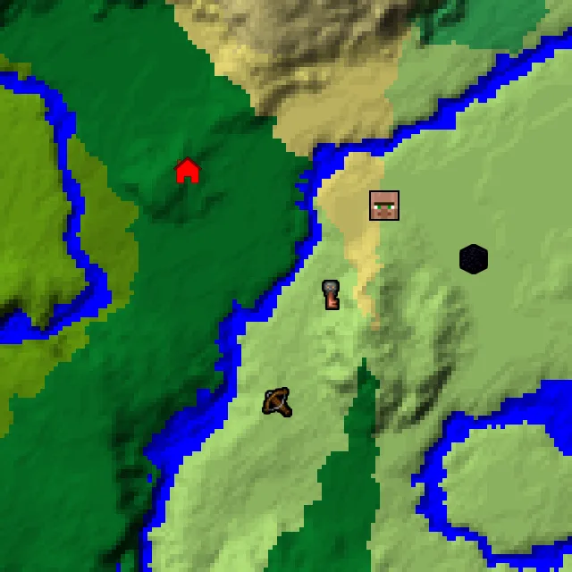 Overworld biome map of seed 4329197876656961 around spawn, with the village and outpost marked