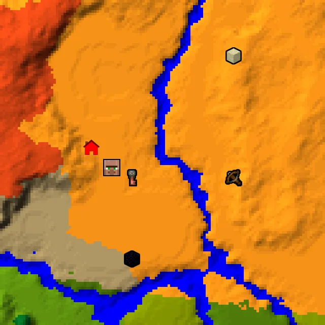 Overworld biome map of seed 911279098436064 around spawn, with the village and outpost marked
