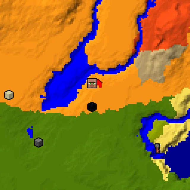 Overworld biome map of seed 1393324449629368 around spawn, with the village and ruined portal marked