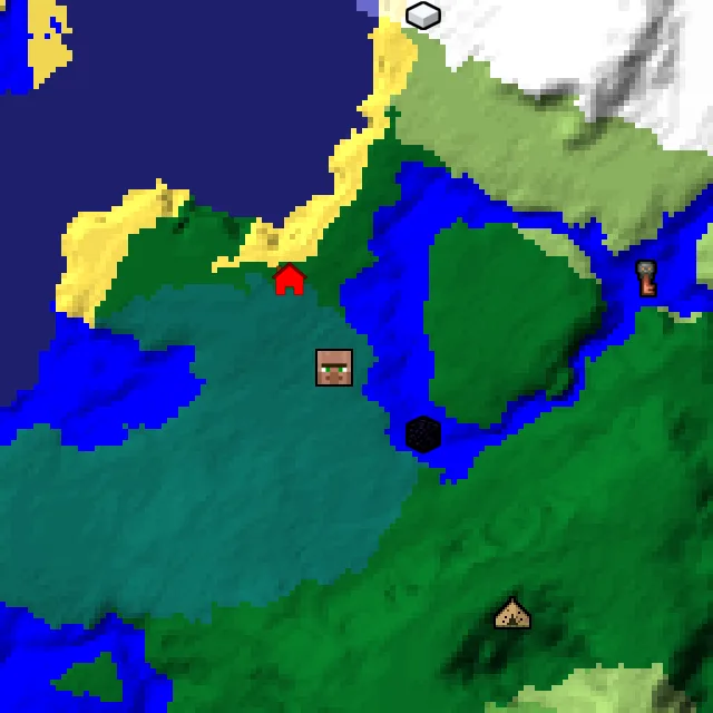 Overworld biome map of seed 1448753197383953 around spawn, with the village and ruined portal marked