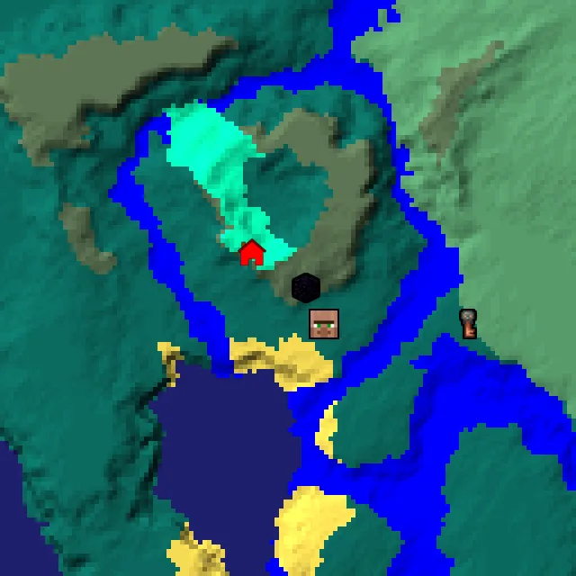 Overworld biome map of seed 186307584437646 around spawn, with the village and ruined portal marked