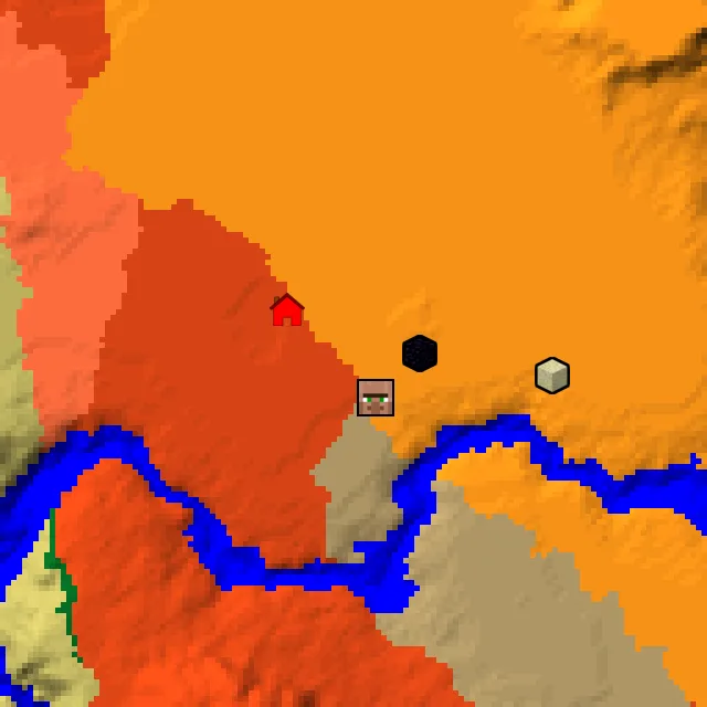 Overworld biome map of seed 197911054534065 around spawn, with the village and ruined portal marked