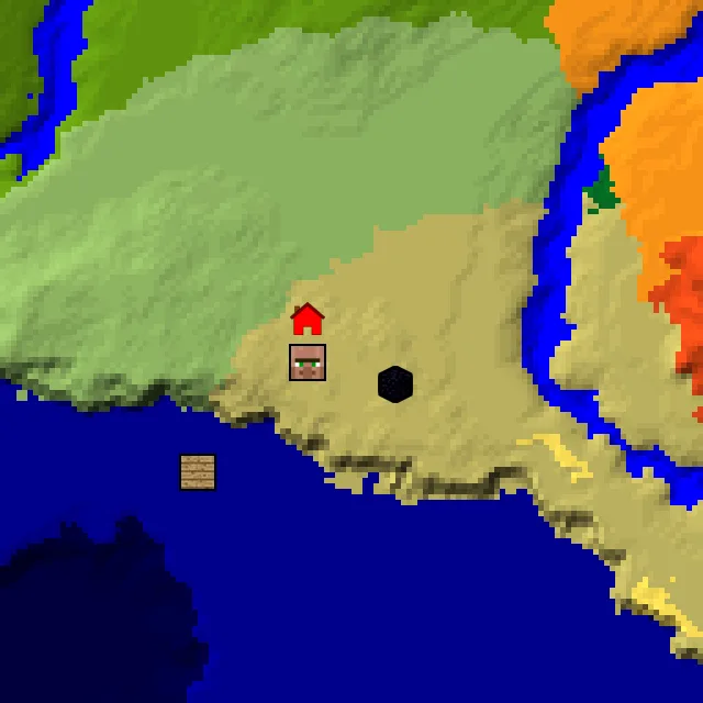 Overworld biome map of seed 213537058688244 around spawn, with the village and ruined portal marked