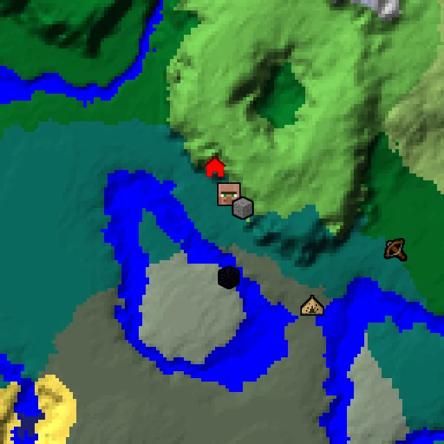 Overworld biome map of seed 3481099971675538 around spawn, with the village and ruined portal marked
