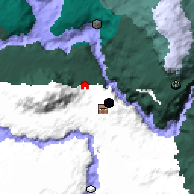 Overworld biome map of seed 613114469485949 around spawn, with the village and ruined portal marked