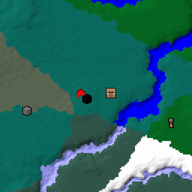 Overworld biome map of seed 667406256774050 around spawn, with the village and ruined portal marked