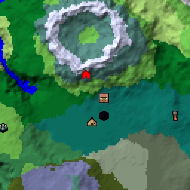 Overworld biome map of seed 700138229128108 around spawn, with the village and ruined portal marked