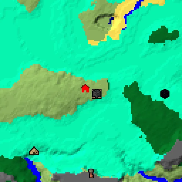 Overworld biome map of seed 1748729253401579425 around spawn, with the village and swamp hut marked