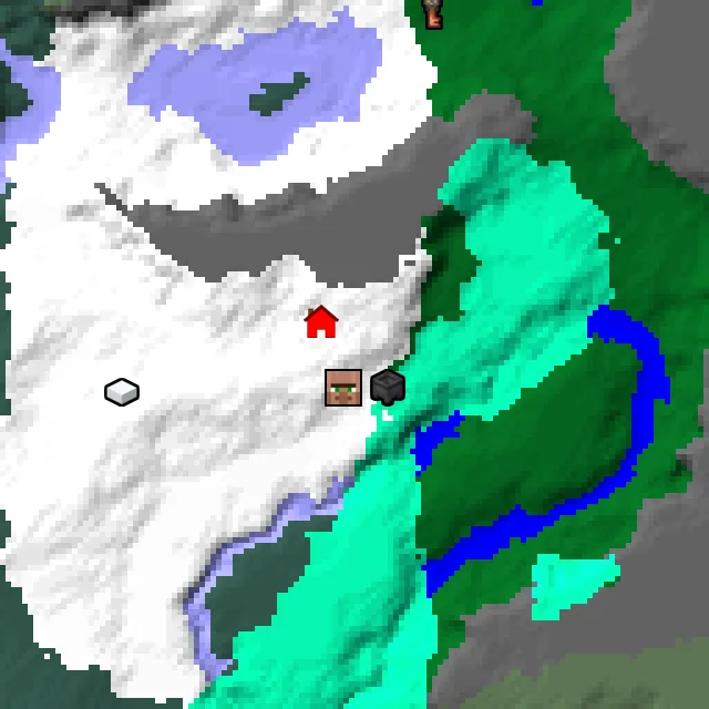 Overworld biome map of seed 221208994210622363 around spawn, with the village and swamp hut marked