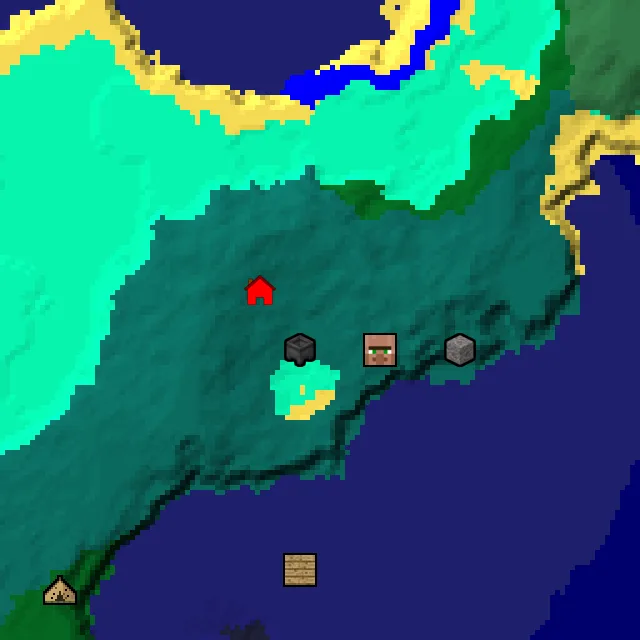 Overworld biome map of seed 258363691136428975 around spawn, with the village and swamp hut marked