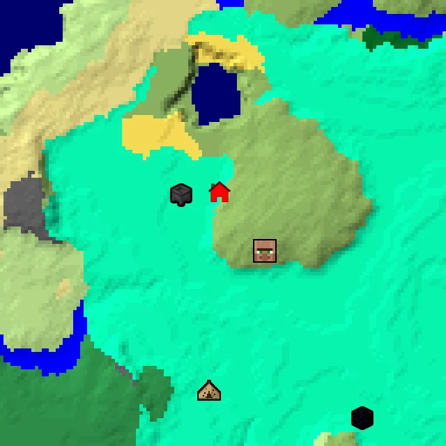 Overworld biome map of seed 27053392115671819 around spawn, with the village and swamp hut marked