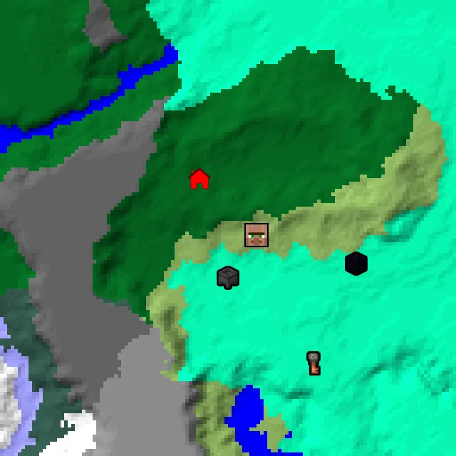 Overworld biome map of seed 286640949242730905 around spawn, with the village and swamp hut marked