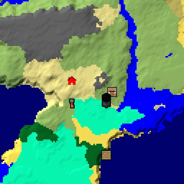 Overworld biome map of seed 440719661528502662 around spawn, with the village and swamp hut marked