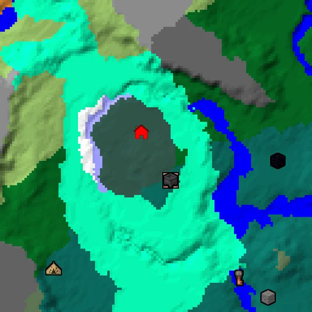 Overworld biome map of seed 525879814561908518 around spawn, with the village and swamp hut marked