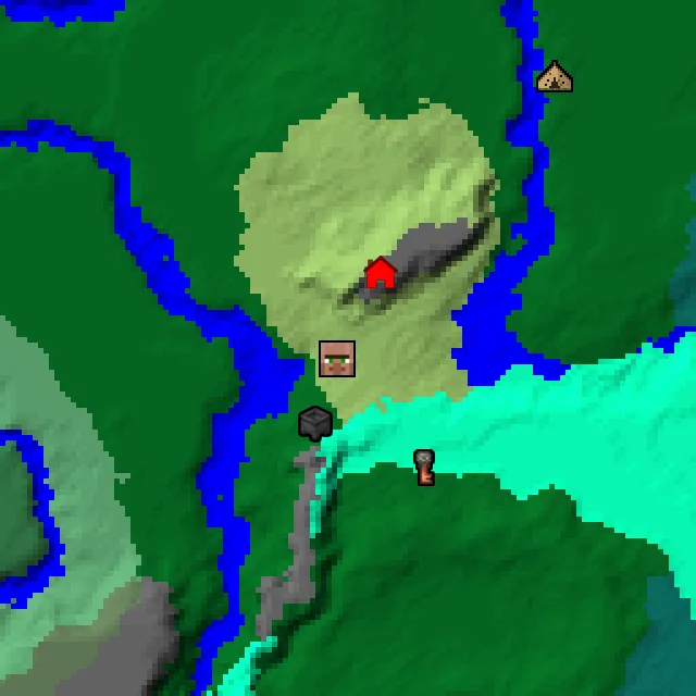 Overworld biome map of seed 84753882188559489 around spawn, with the village and swamp hut marked