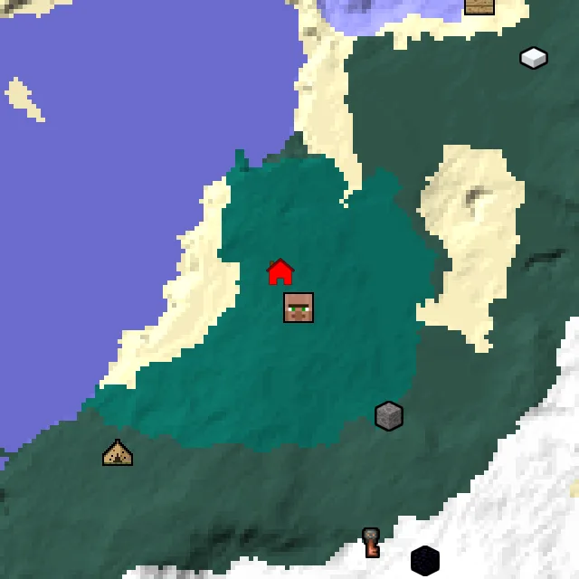 Overworld biome map of seed 1658433229300290 around spawn, with the village marked