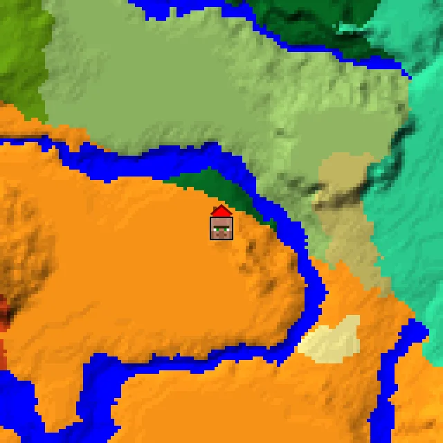 Overworld biome map of seed 1692345640347606 around spawn, with the village marked