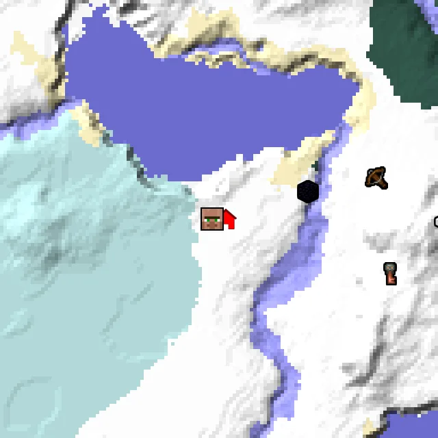 Overworld biome map of seed 200203700853529 around spawn, with the village marked