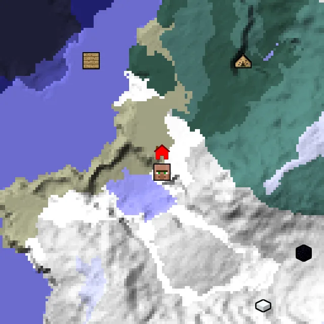 Overworld biome map of seed 287917627035206 around spawn, with the village marked