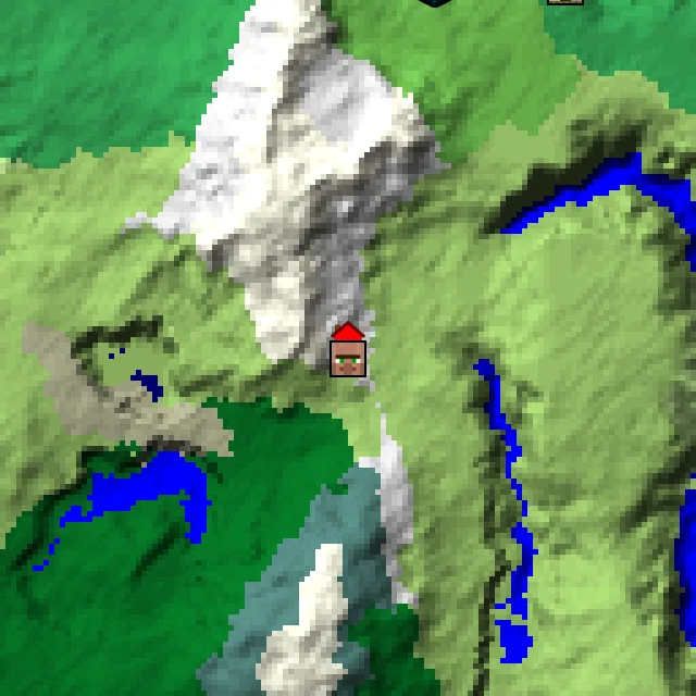 Overworld biome map of seed 3233241926201645 around spawn, with the village marked