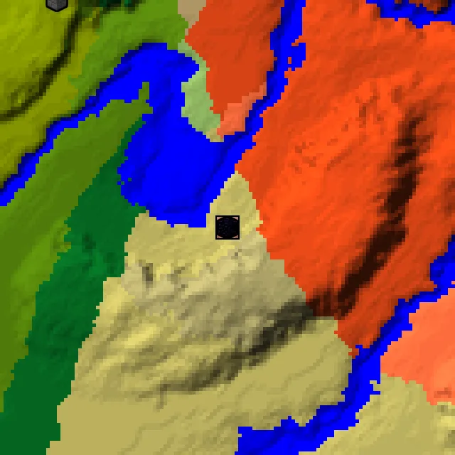 Overworld biome map of seed 457518450142132 around spawn, with the village marked