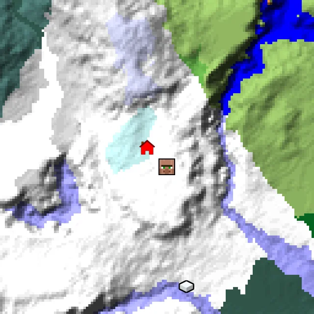 Overworld biome map of seed 485253609757631 around spawn, with the village marked