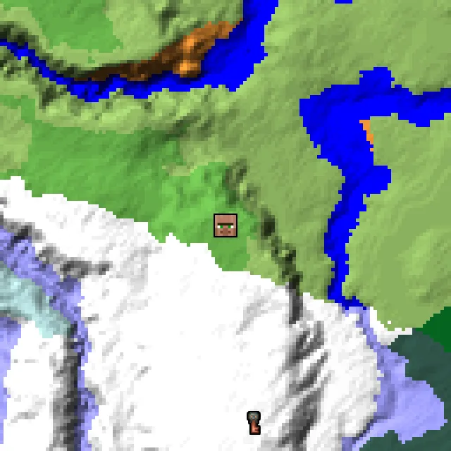Overworld biome map of seed 841762255836736 around spawn, with the village marked