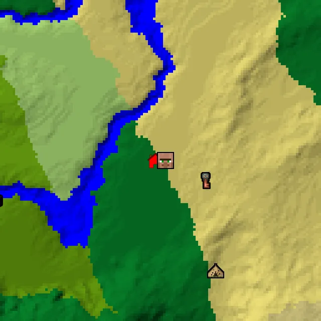 Overworld biome map of seed 98921779325618 around spawn, with the village marked