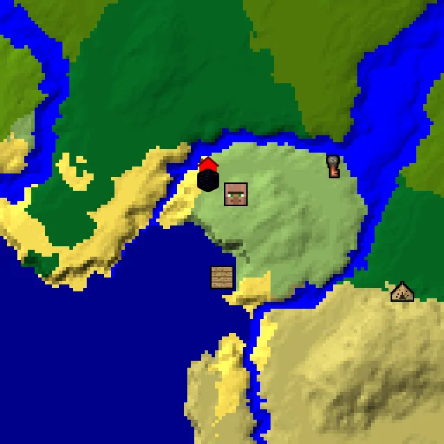 Overworld biome map of seed 12394174394252381 around spawn, with the village and shipwreck and ruined portal marked