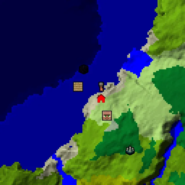 Overworld biome map of seed 13356518562158768 around spawn, with the village and shipwreck and ruined portal marked