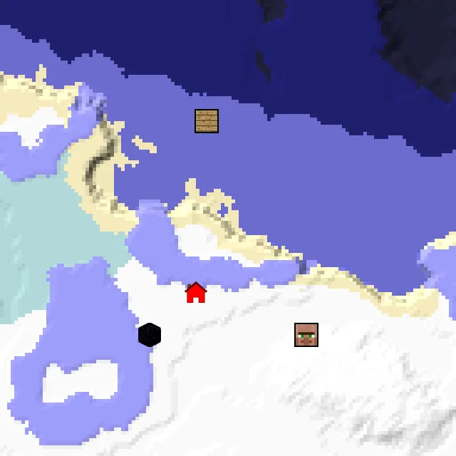 Overworld biome map of seed 17833430277517662 around spawn, with the village and shipwreck and ruined portal marked
