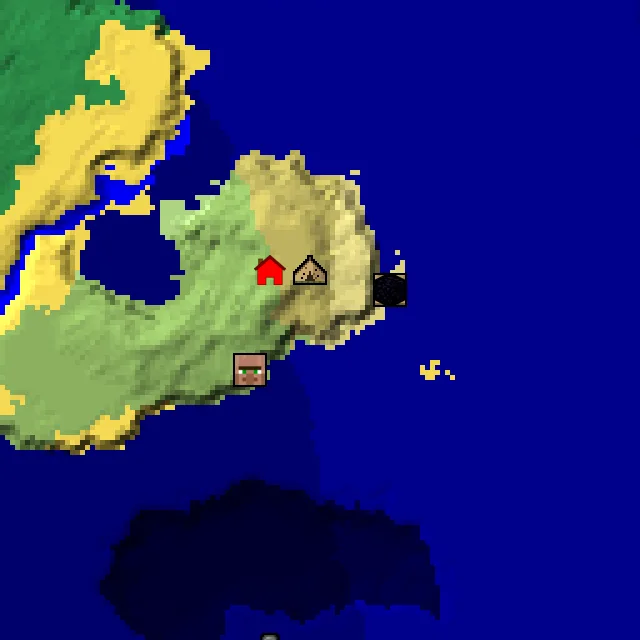 Overworld biome map of seed 2138578190124275 around spawn, with the village and shipwreck and ruined portal marked