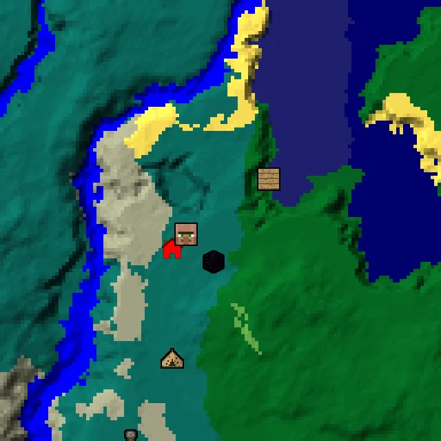 Overworld biome map of seed 22100628170373403 around spawn, with the village and shipwreck and ruined portal marked
