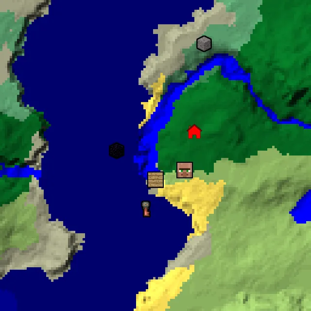 Overworld biome map of seed 22708861381133973 around spawn, with the village and shipwreck and ruined portal marked