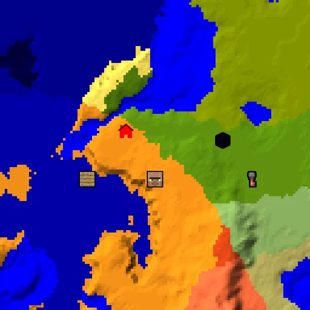 Overworld biome map of seed 3369163785663072 around spawn, with the village and shipwreck and ruined portal marked