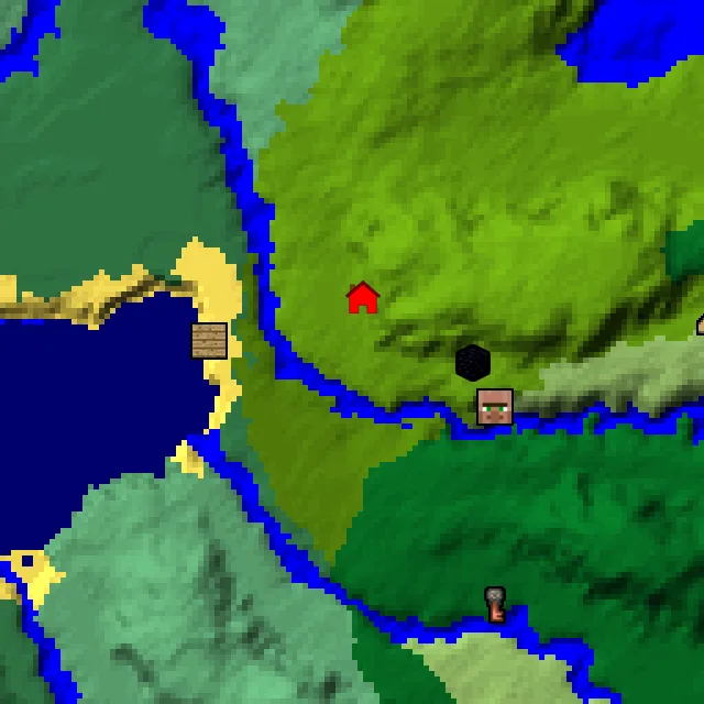 Overworld biome map of seed 6161254073401392 around spawn, with the village and shipwreck and ruined portal marked