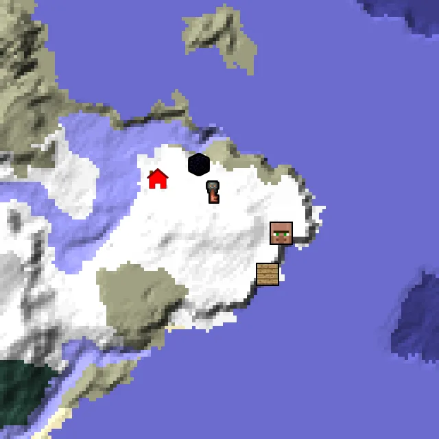 Overworld biome map of seed 6656936858446620 around spawn, with the village and shipwreck and ruined portal marked