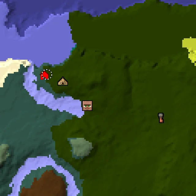 Overworld biome map of seed 1106187978445829 around spawn at Y 0, with the village and lush caves marked