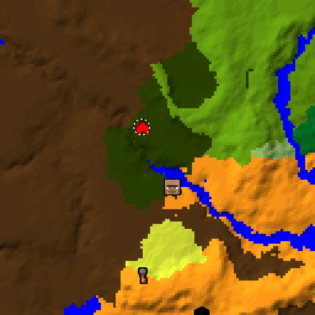 Overworld biome map of seed 1214737611781281 around spawn at Y 0, with the village and lush caves marked