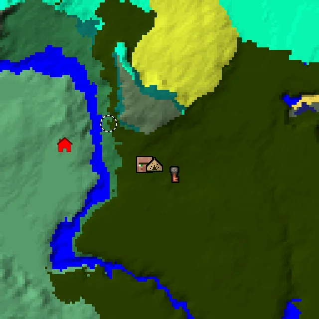 Overworld biome map of seed 1835990232658953 around spawn at Y 0, with the village and lush caves marked