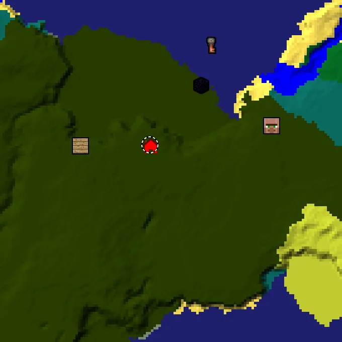 Overworld biome map of seed 2311978434985311 around spawn at Y 0, with the village and lush caves marked