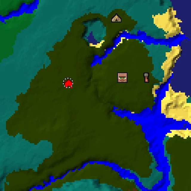 Overworld biome map of seed 2865822087765634 around spawn at Y 0, with the village and lush caves marked
