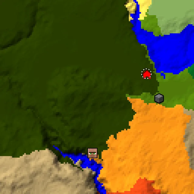 Overworld biome map of seed 3216445092173685 around spawn at Y 0, with the village and lush caves marked